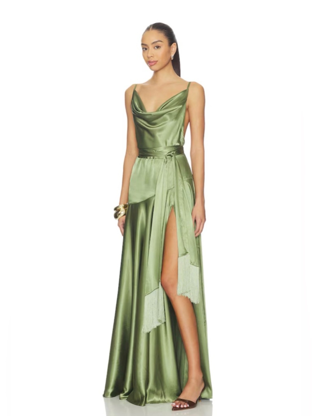 NEW Bronx Banco Leo Sage Maxi Dress, Olive Green Satin Cowl Neck Evening Gown - Picture 3 of 16